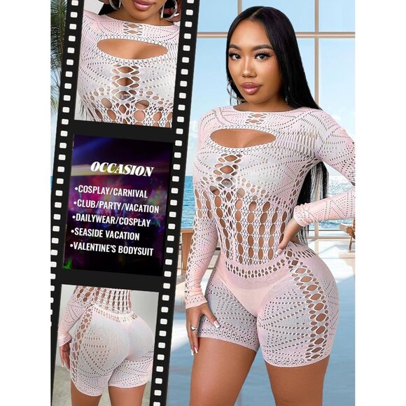 White Women Sexy Fishnet Bodysuit Bodystocking Tights Bodycon Jumpsuit - Picture 4 of 6